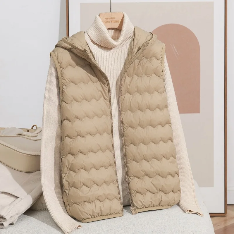 سترة نسائية بيضاء فاتحة من ريش البط للخريف والشتاء، سترة عصرية خفيفة الوزن بغطاء للرأس دافئة بدون أكمام، ملابس خارجية داخلية #4