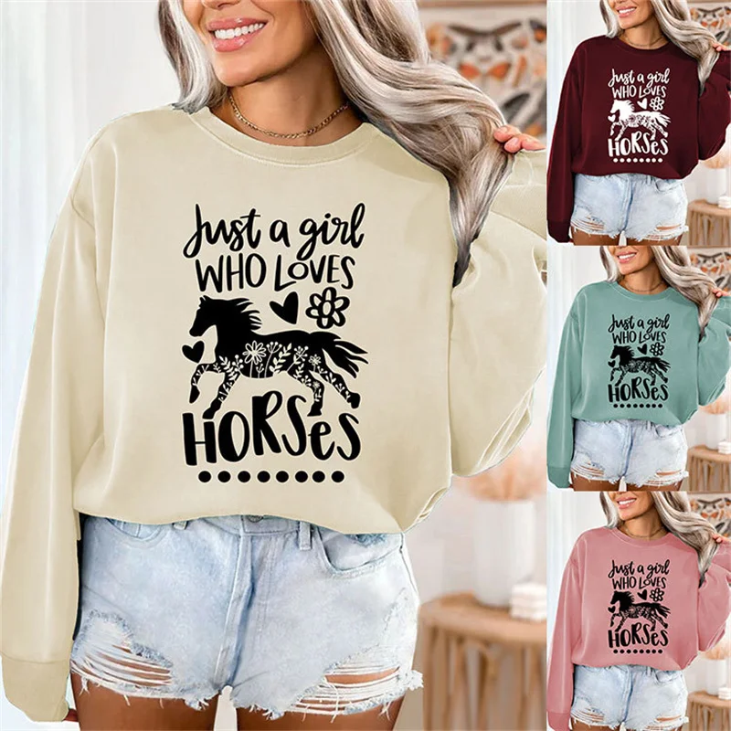 

New autumn and winter cotton women's wear just a girl who loves horses vintage crew-neck sports long-sleeved hoodie