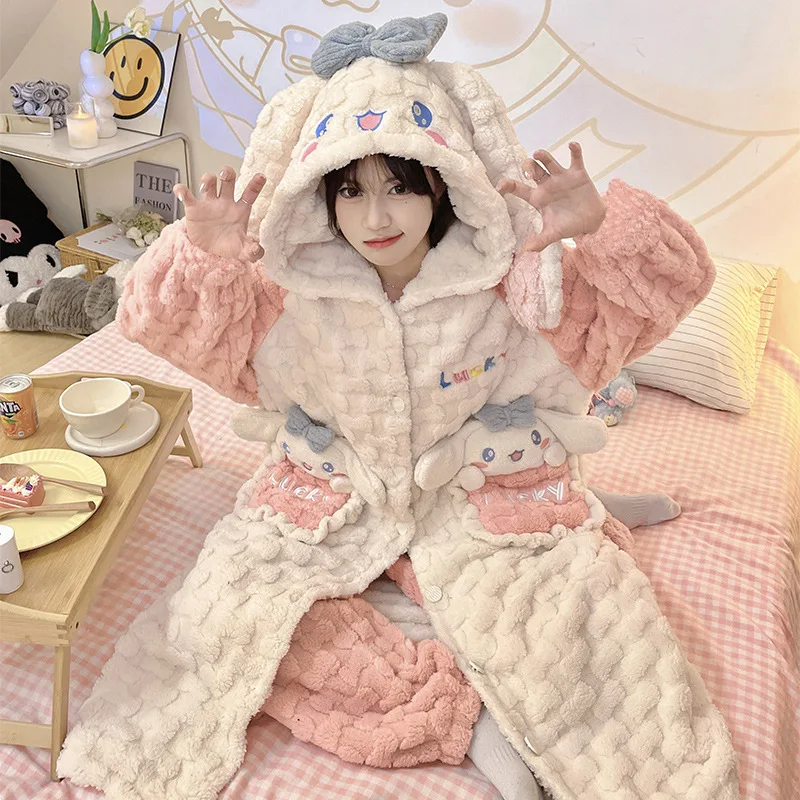 2Pcs Sanrios Long Style Kuromi Pajamas Woman Anime Cartoon Kawaii My Melody Cinnamoroll Winter Velvet Thickening Loungewear Set