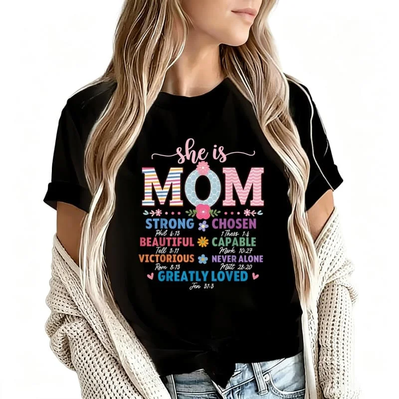 She Is Mom Strong Chosen Women's T-Shirt 100% Cotton Funny Graphic Short Sleeve Tee Novelty Shirt Casual Crew Neck Top S-5Xl
