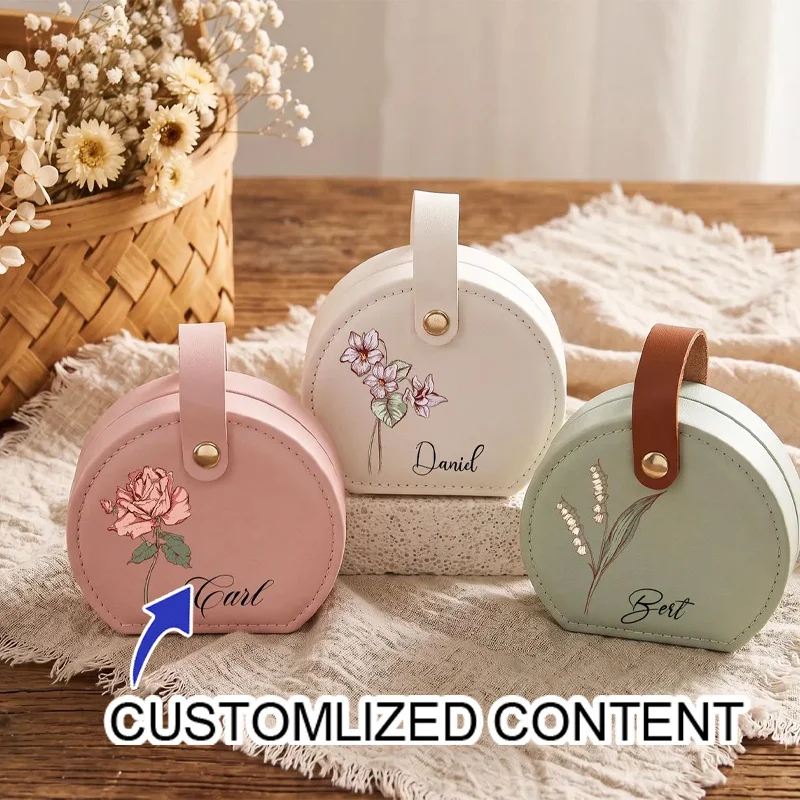 Personalized Birth Flower Jewelry Box Custom Name Portable Travel Jewellery Case Half Round PU Leather Earring Ring Storage Box