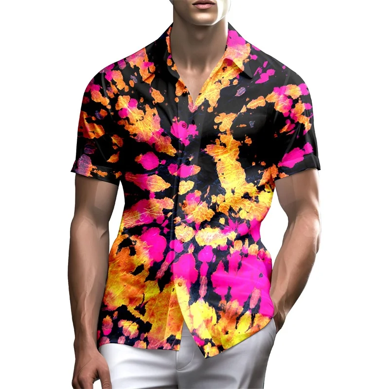 Camisa havaiana de néon masculina, 3D Print, Flor, Casual, Camisa de praia de botões grandes, Roupas da moda, Aloho Design