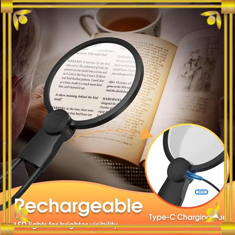 DN-Magnifying Glass With Light For Reading, 5.1 Inch 6X Magnifying Glass With Stand, Neck-Worn Large Magnifier