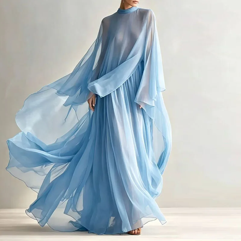 Boho 2‑Piece Matching Set Women O Neck Wide Cape Sleeve Sheer Top & Pleated Long Skirt Outfit Guest Solid Party Prom Skirt Suits view 2