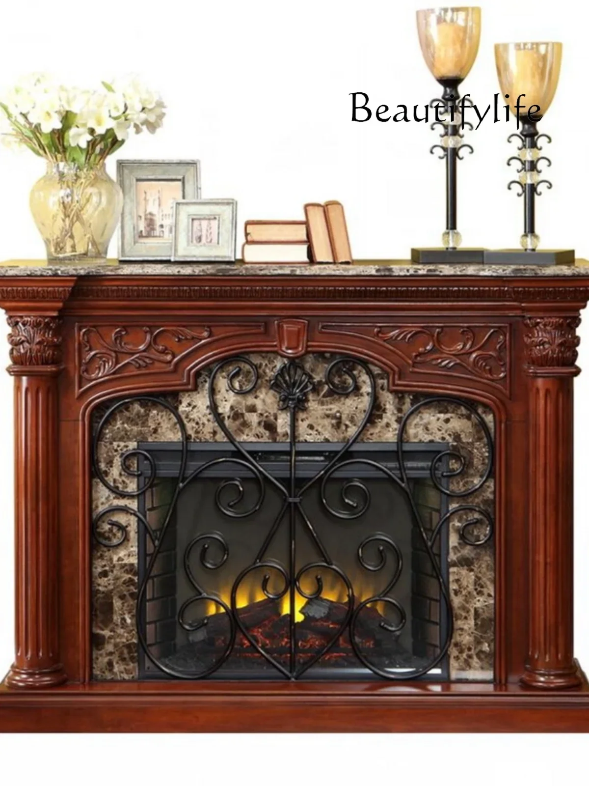 

European-Style American-Style Pastoral Solid Wood Fireplace Mantel Fake Fire Heating Hallway Fireplace Carving Curio Cabinet