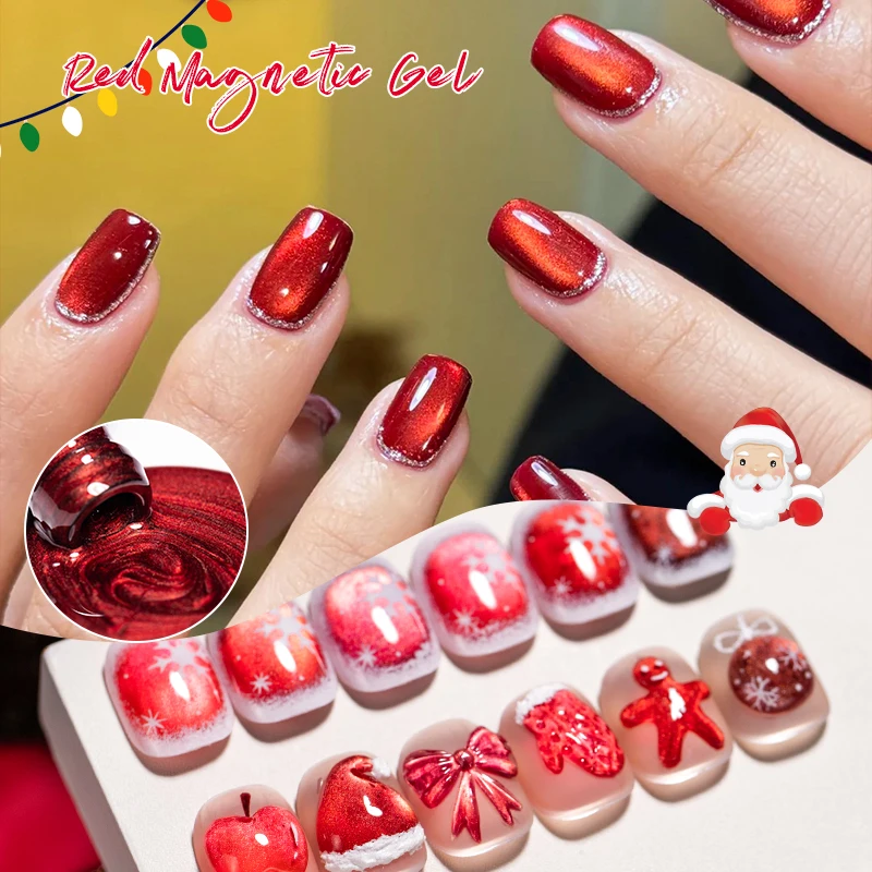 الأحمر القط المغناطيسي هلام طلاء الأظافر لأظافر عيد الميلاد الأحمر بريق الزجاج حبة تأثير شبه دائم نقع قبالة الأشعة فوق البنفسجية هلام الورنيش الأظافر #2