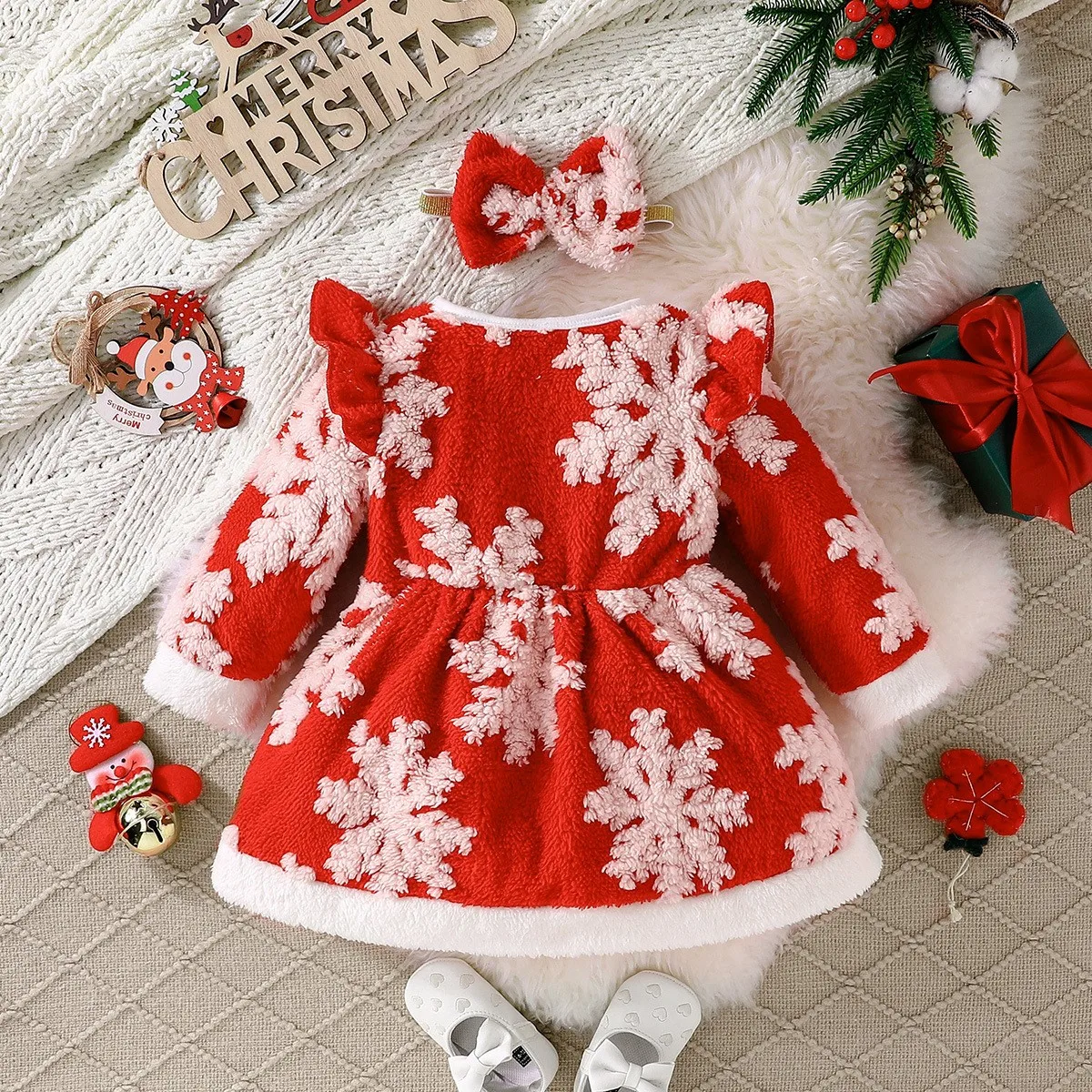 Christmas Holiday Party Girls Santa Claus Snowflake Print Cute Long-Sleeved Sweater With Hairpin Winter Warm Puffy Dress Suit