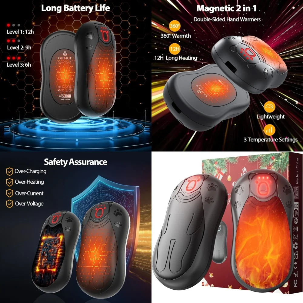 

Hand Warmer2 Pack Rechargeable Hand Warmers 12000mAh Dual Sided Electric Heater Fast Charging Portable Winter Warm Hands USB