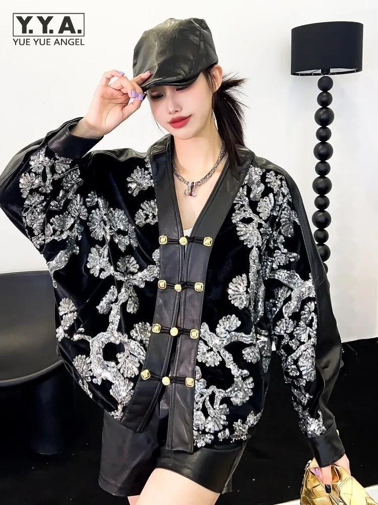 Korean Style Women Short Coat Real Sheepskin Spliced Sequin Jacket Office Lady Fashion V-Neck Bat Sleeve Loose Fit Outerwear