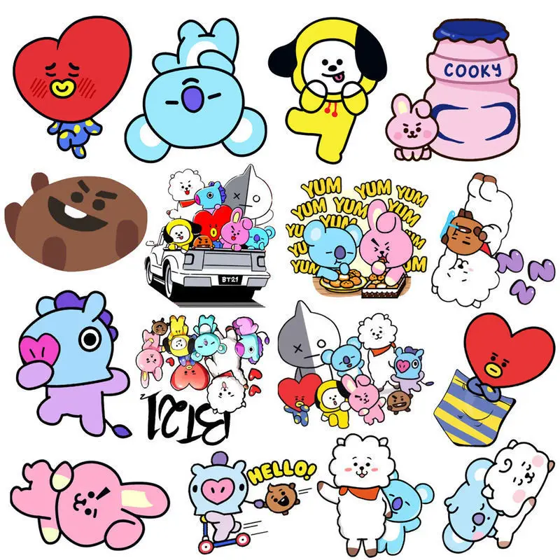 New Bt21 Stickers Waterproof Stickers Kawaii Anime Luggage Car Fridge Helmet Stickers Cute Cartoon Stickers 50Pcs/set