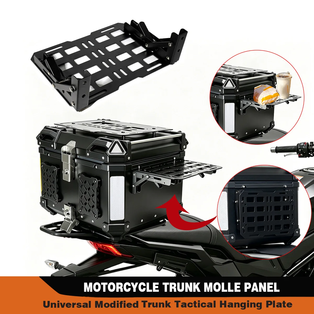 Folding Multi-Functional Aluminum Motorcycle Trunk Tail Box Universal Side Molle Panel Tactical Storage Box Modular Organizer