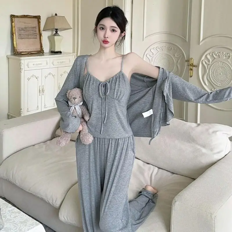 

Pajamas Three Piece Set Women Modal Sleepwear French Sexy Temptation with Padded Cups Loungewear for Women Autumn Winter