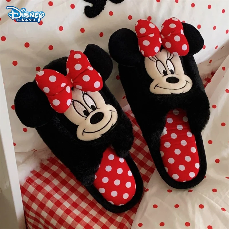 Disney Anime Mickey Mouse Winter Couple Style Home Slippers, Cute Girls Y2K Indoor Wear Warm Woolen Cotton Kawaii Christmas Gift