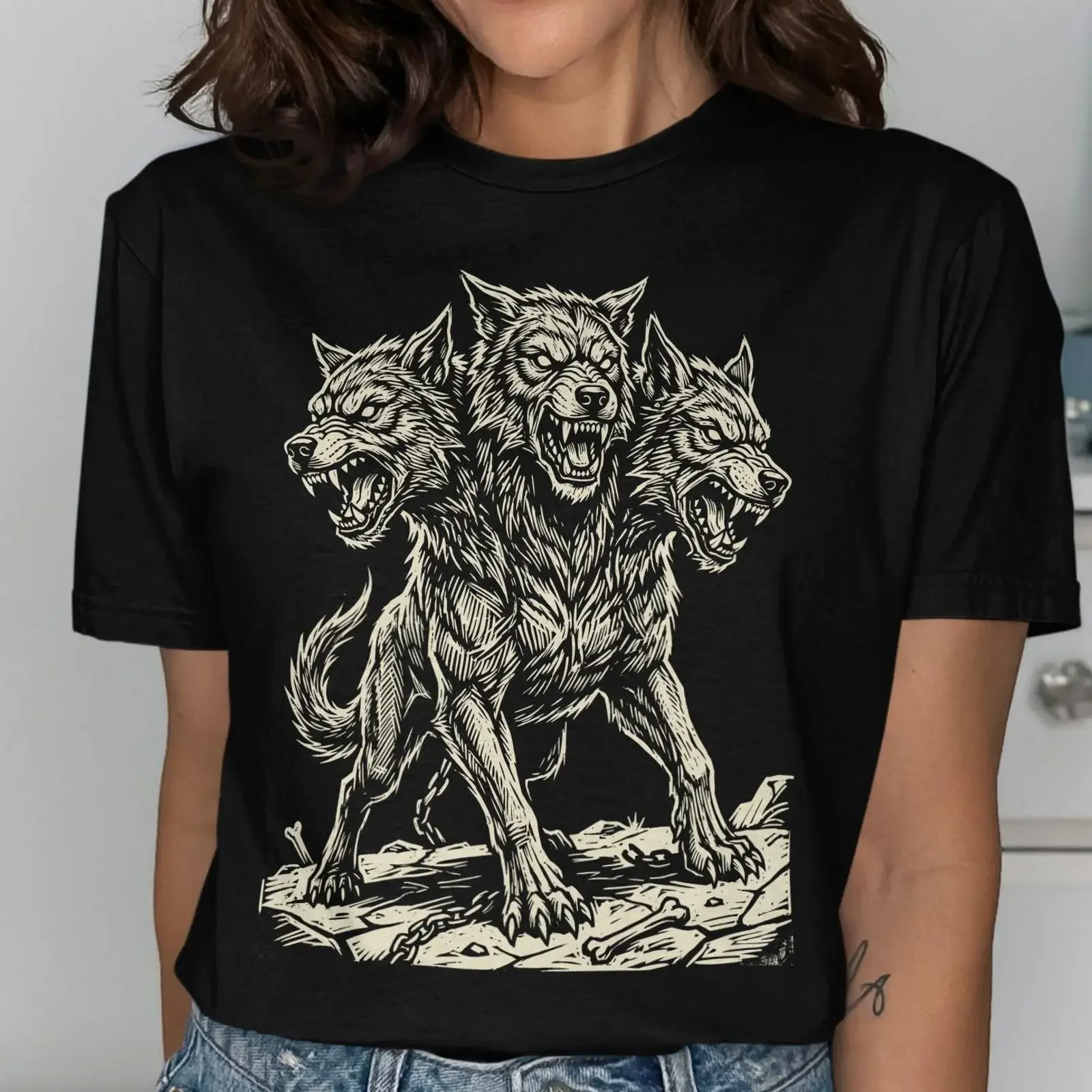 Cerberus Three Headed Dog T Shirt Linocut Greek Myth Hades Apparel vintage Washed Soft Casual Stretched streetwear fashion