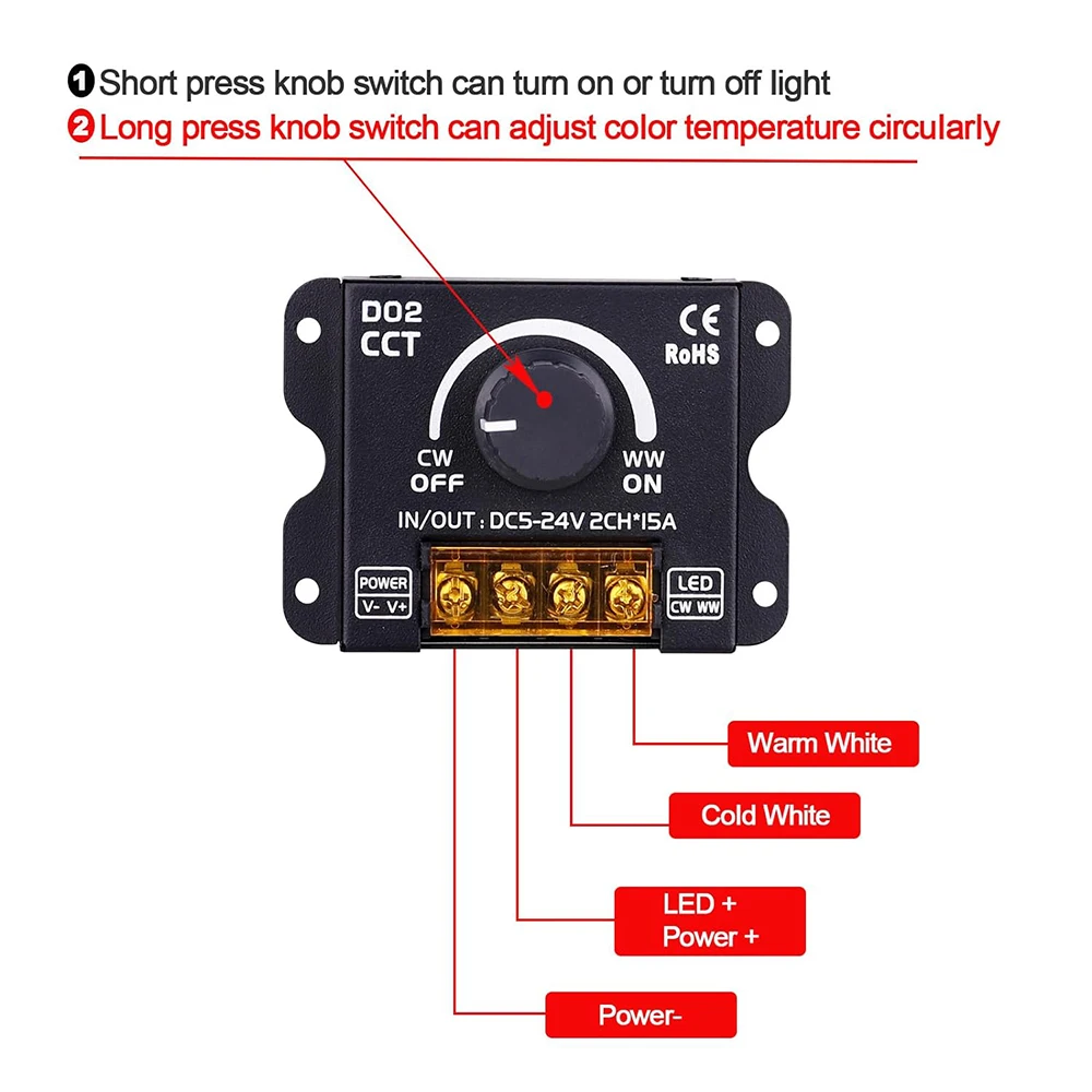 DC5-24V kontroler 30A RF PWM CCT sterowanie bezprzewodowe lub przez pokrętło, aby dostosować jasność i temperaturę kolorów