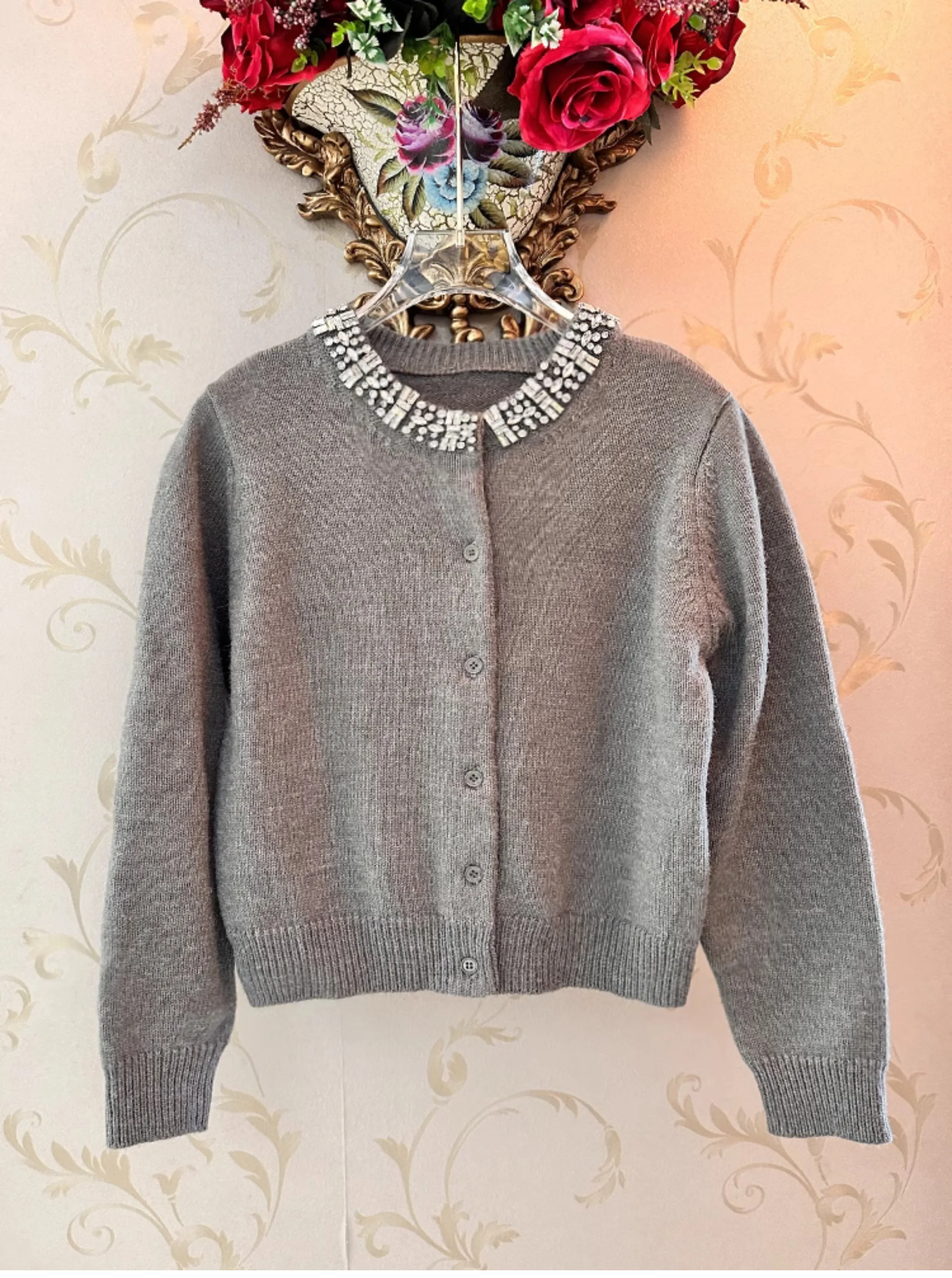 2023 Autumn Winter Women\'s Knitted Tops Rhinestone Heavy Industry Gray Feminine Long Sleeve Sweaters Girl Cardigan Knitwears