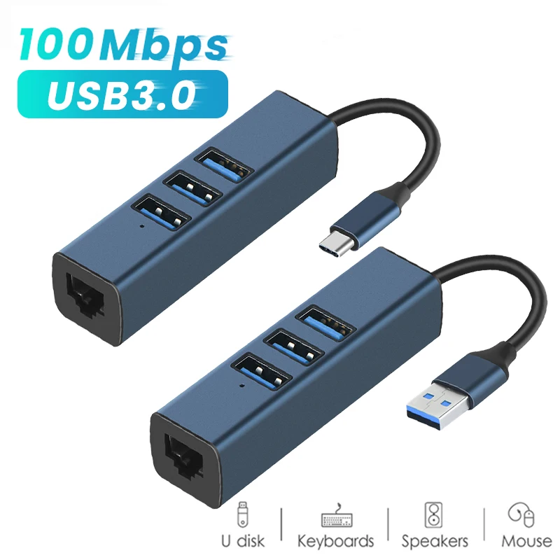 NNBILI USB C HUB 100Mbps 3 Ports USB 3.0 2.0 Type C HUB USB to Rj45 Ethernet Adapter RTL8152B for MacBook Laptop Computer