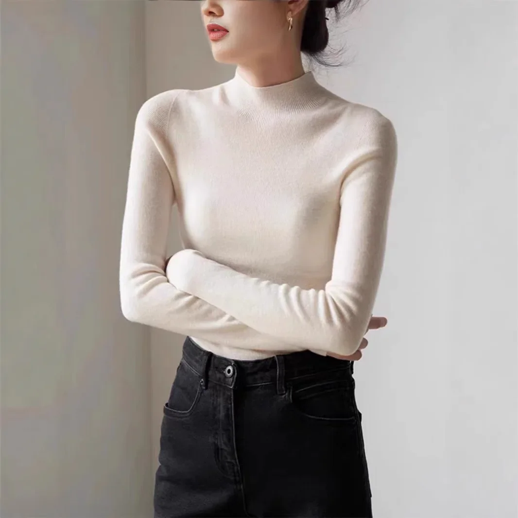 

High Elasticity Half High Collar Wool Knitted Sweater Women's Base Layer Shirt Autumn Winter Top Korean Style