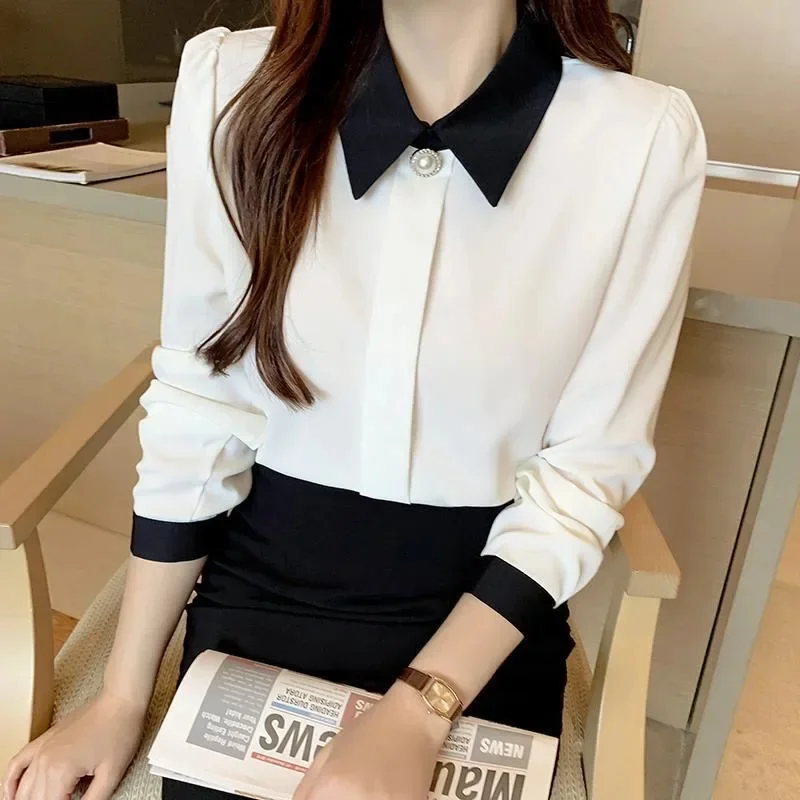 เสื้อผู้หญิงสไตล์ฤดูใบไม้ผลิและฤดูใบไม้ร่วง เสื้อเชิ้ตผู้หญิงลำลอง แขนยาว ปกพับลง เสื้อเบลาส์