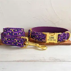 Personalized Dog Collar with Free Engraving, Matching Pet Leash,Customzied Contacts Metal Buckle, Purple Moonlit Night Collar