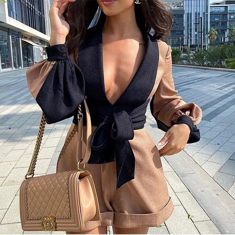 2023 New V-neck Lantern Long-sleeved Two-color Stitching Fashion Women\'s Jumpsuit with Belt Office Ladies Bodycon Sexy Jumpsuit