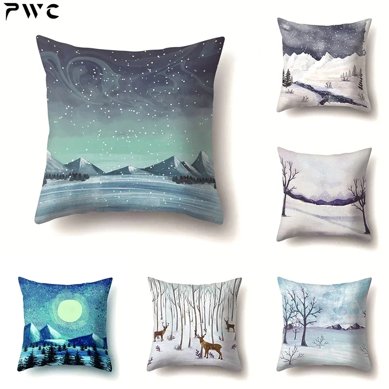 45x45cm Cartoon Fawn Snow Scene Pillow Cover Living Room Sofa Office Seat Car Waist Cushion   Home Decoration