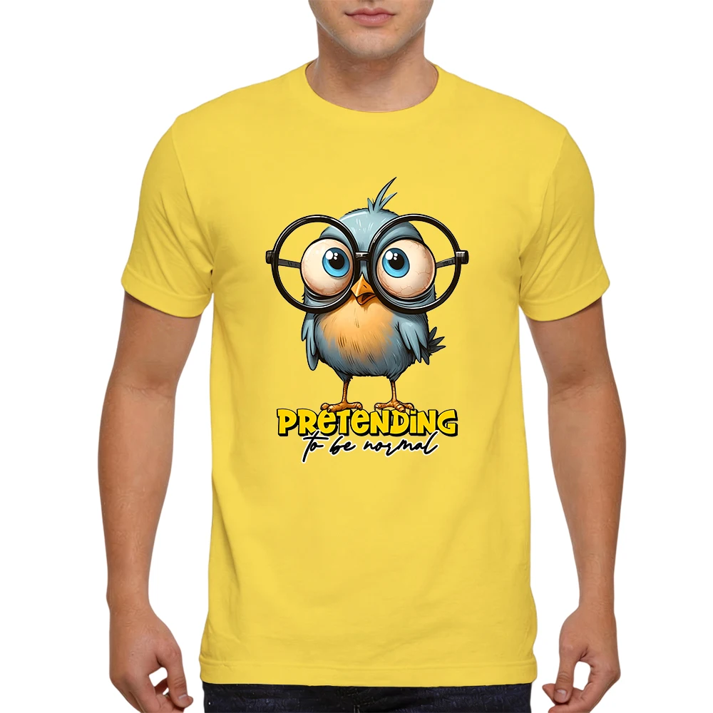 Mens 100% Cotton T Shirt Cute Blue Bird With Big Round Glasses Cartoon Letter Print Breathable Short Sleeve Daily Wear