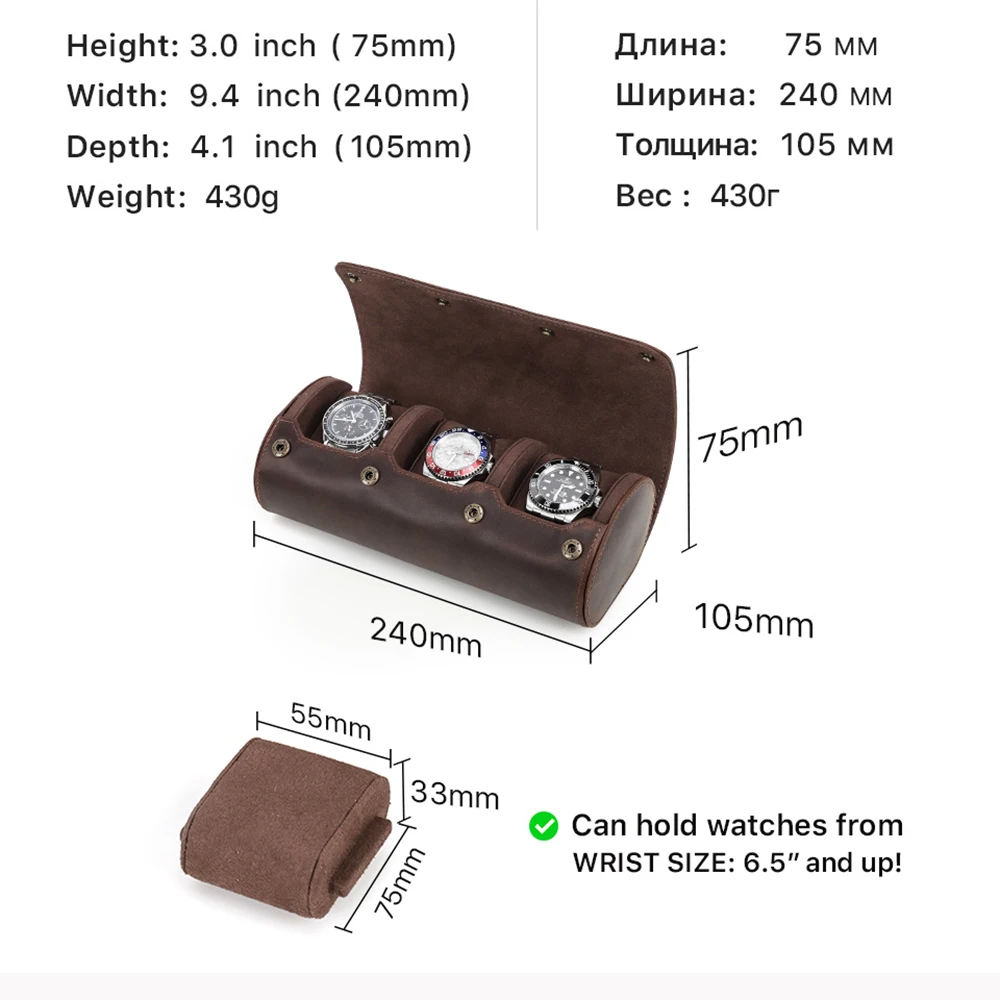 CONTACT\'S FAMILY Vintage Genuine Leather Watch Case Box Men Watches Travel Wristwatch Roll Case Holder High Quality Gift for Men