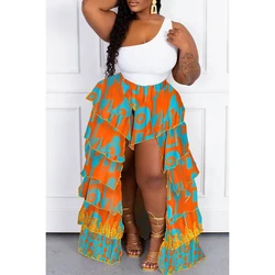 Plus size women's bohemian style full print ruffle irregular hem layered summer beach skirt