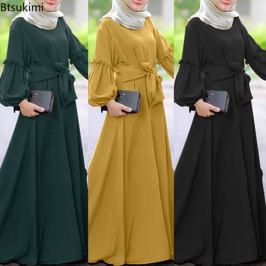 

2024 New Women's Muslim Fashion Abaya Long Dresses Women With Sashes Islam Clothing Abaya Ruffle Dresses For Women Musulman