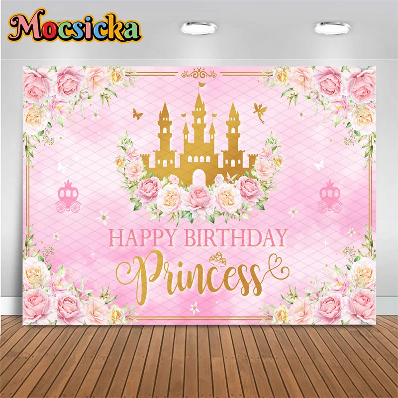 

Mocsicka Princess Happy Birthday Backdrop Pink Floral Castle Photography Background Girls Party Decorations Photo Booth Banner