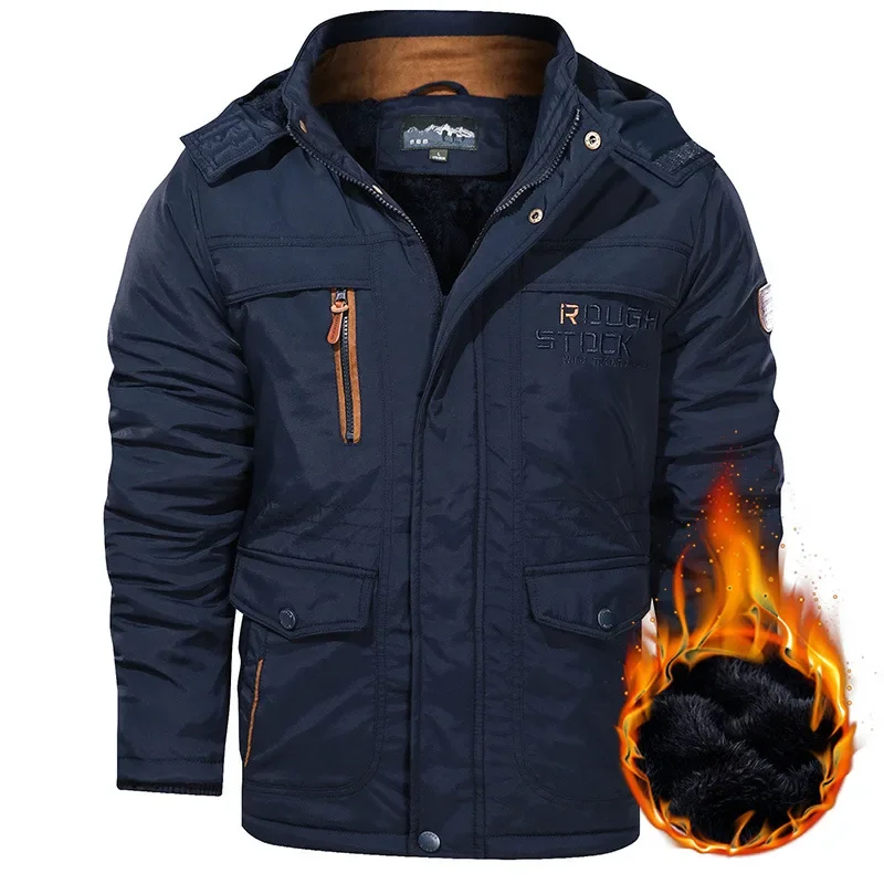 

Men Winter Hooded Parkas Casual Down Jackets Multiple Pockets Fleece Warm Tooling Jackets Quality Male Outdoors Winter Coats 5XL