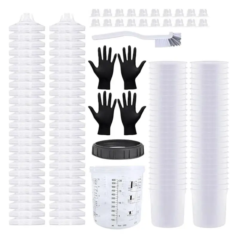 

Automotive Paint Cup Liners 600ml Paint Spray Cup Include 50 Cup Liners 50 Lids 1 Hard Cup 20 Plugs 1 Pair Gloves 1 Brush