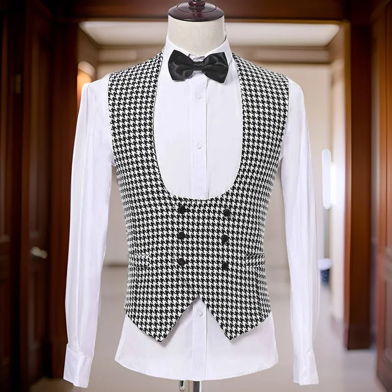

Plaid Suit Vest for Men Double Breasted Gentleman Single One Piece Casual Houndstooth Waistcoat Fashion Costume