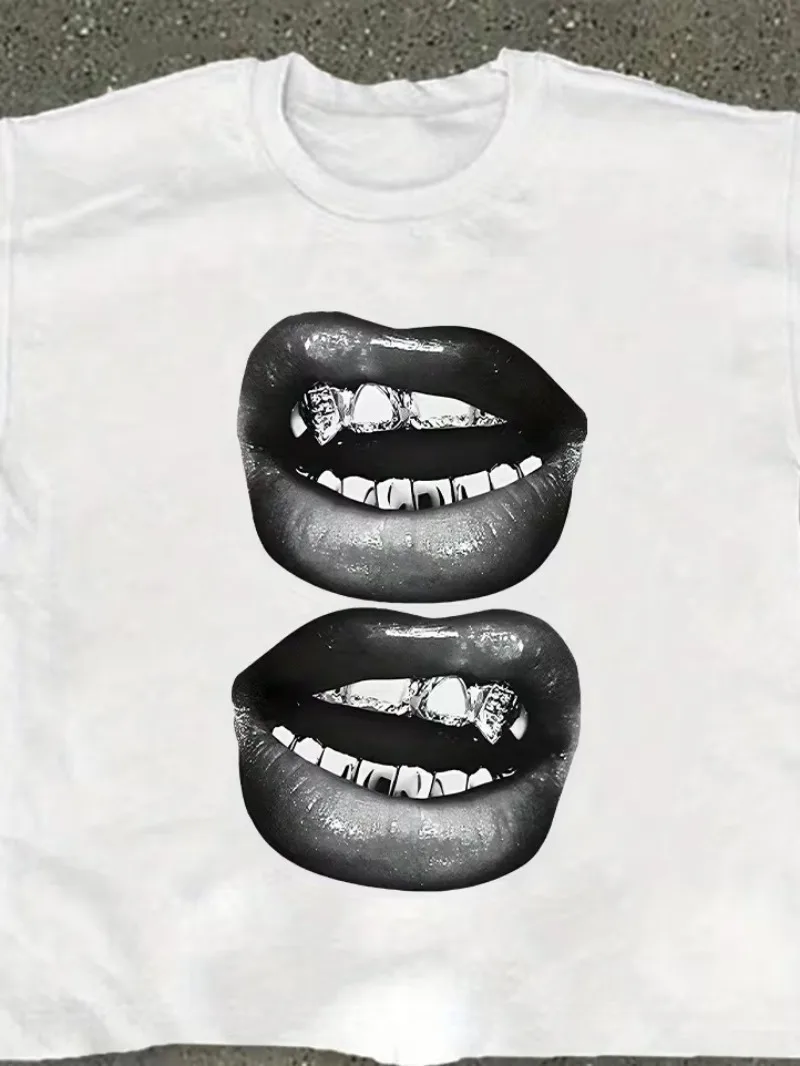 Lip Pattern Printed T-shirt Men Women Unisex Casual and Trendy,Oversize Casual T-shirt Travel Daily Streetwear Hip Hop Vintage
