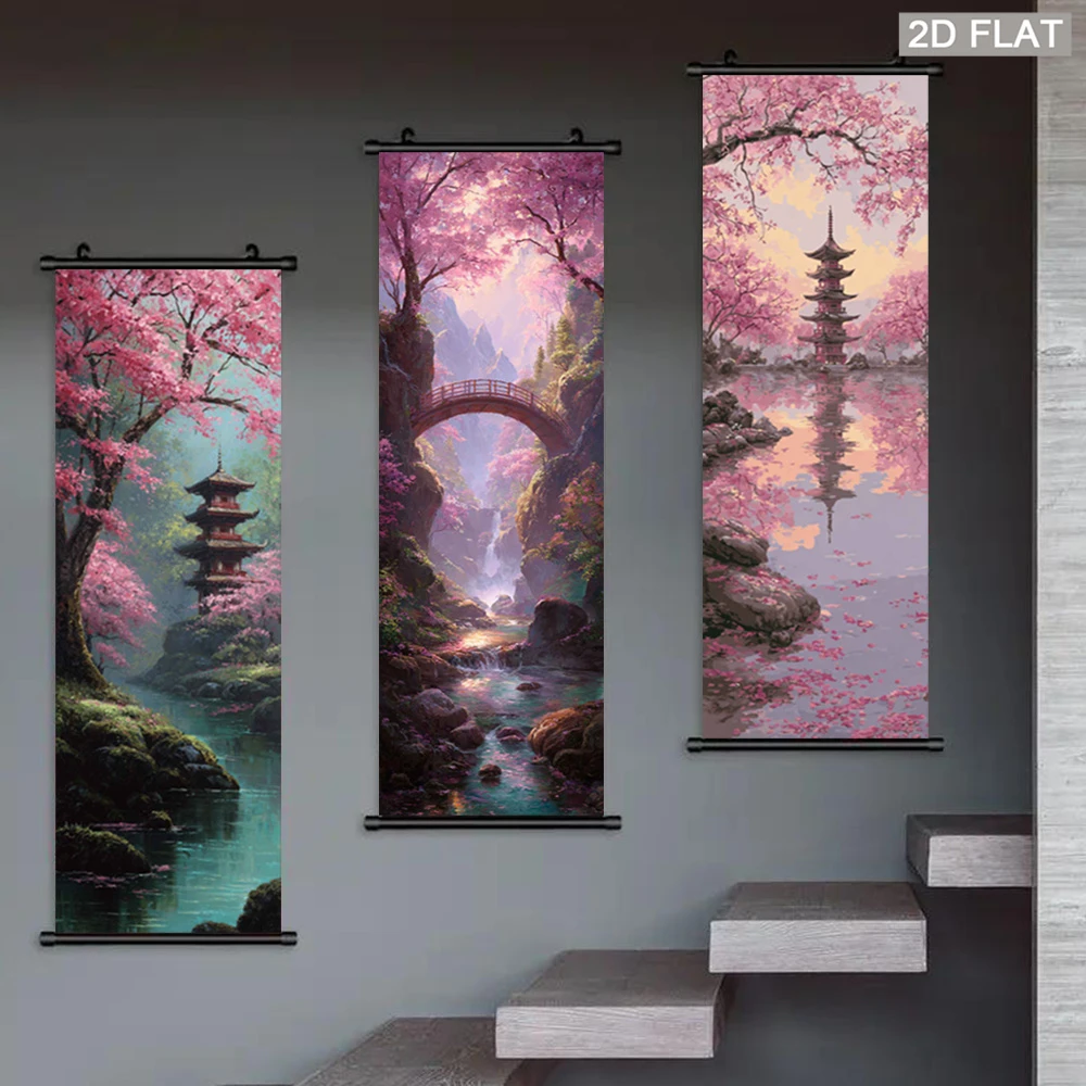VIKAMA Cherry Blossoms and Ancient Pagoda Landscape Scroll Tapestry, Wall Hanging, Home Decor for Bedrooms and Living Rooms