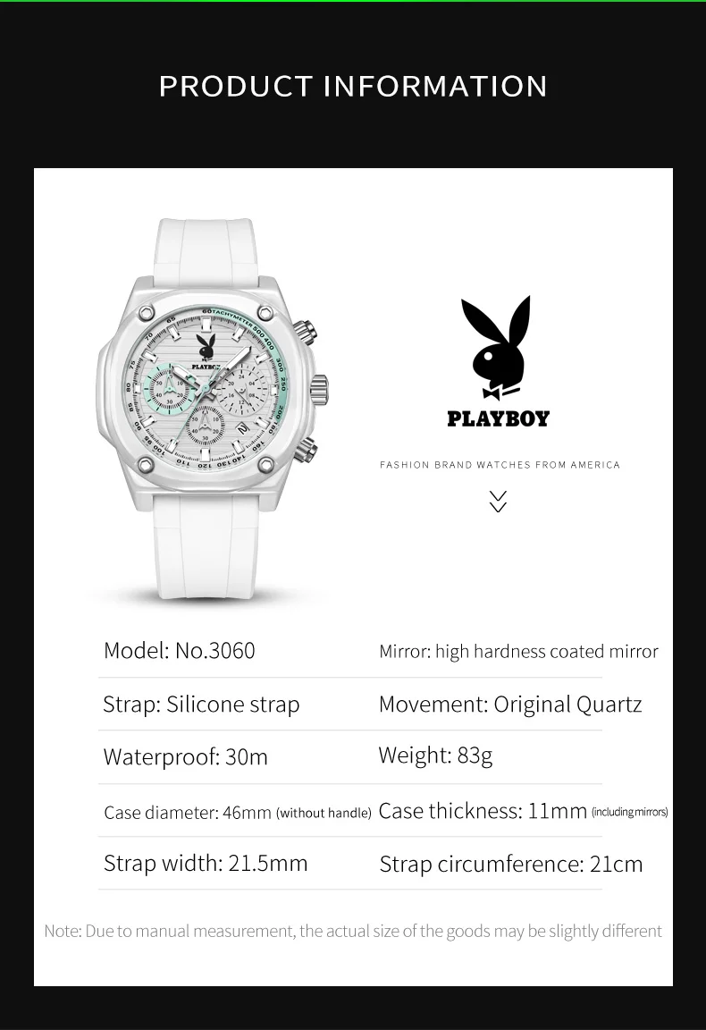 PLAYBOY Top Brand Original Luxury Waterproof Watch for Men Silicone Strap Calendar Luminous Fashion Quartz Men\'s Wrist Watches