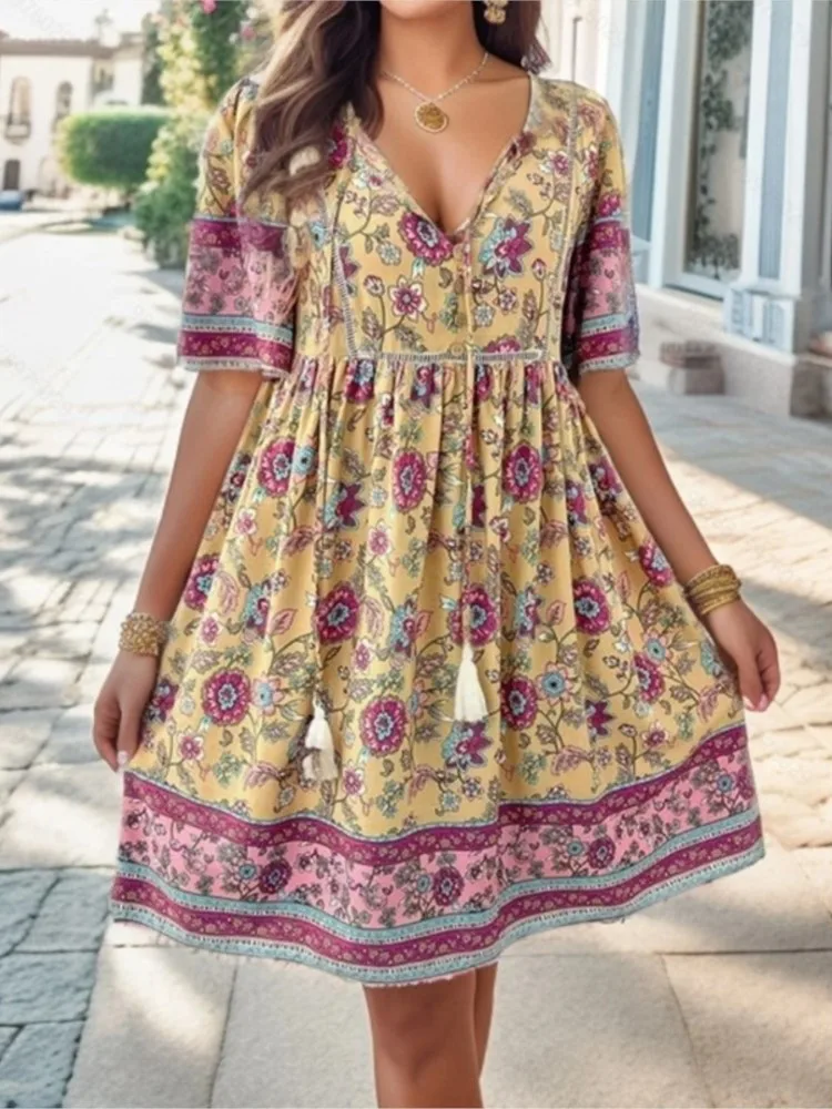 Women Floral Print Boho Beach Mini Dress  Summer V Neck Short Sleeve Lace Up Casual Loose Holiday Dresses Robe Female