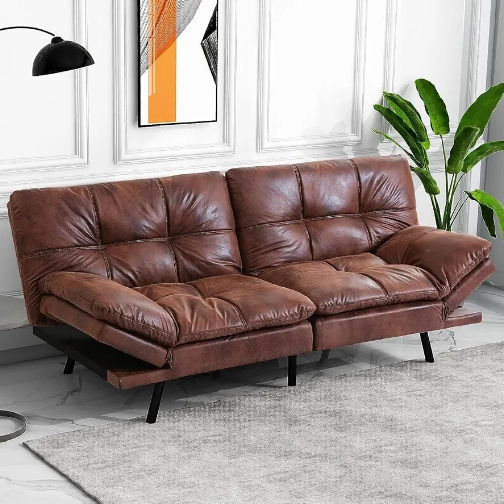 Sofa Bed Faux Leather Couch with Adjustable Armrests, Modern Industrial Sleeper Daybed for Small Spaces, Living Room, Brown