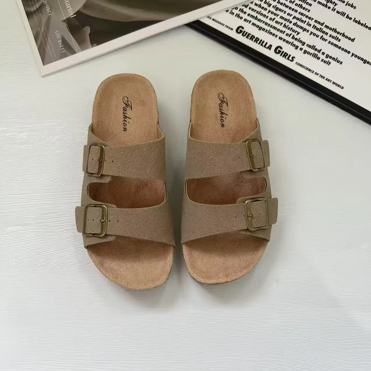 2026 Summer Women Leather Double Strap Sandals Retro Slip On Thick Sole Beach Slides Cork Footbed Platform Shoes Outdoor view 6