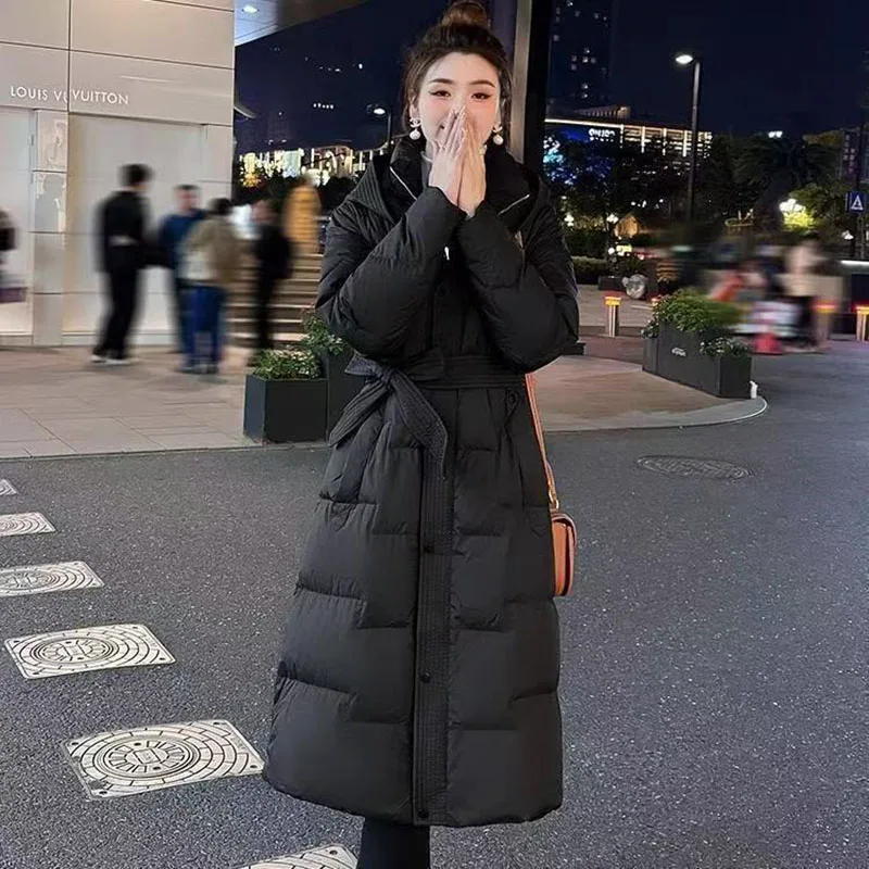 여성용 면 패딩 재킷 후드 벨트 여성용 면 코트 2025 신상 패션 한국 스타일 루즈 롱 파카 코트 여성 아우터