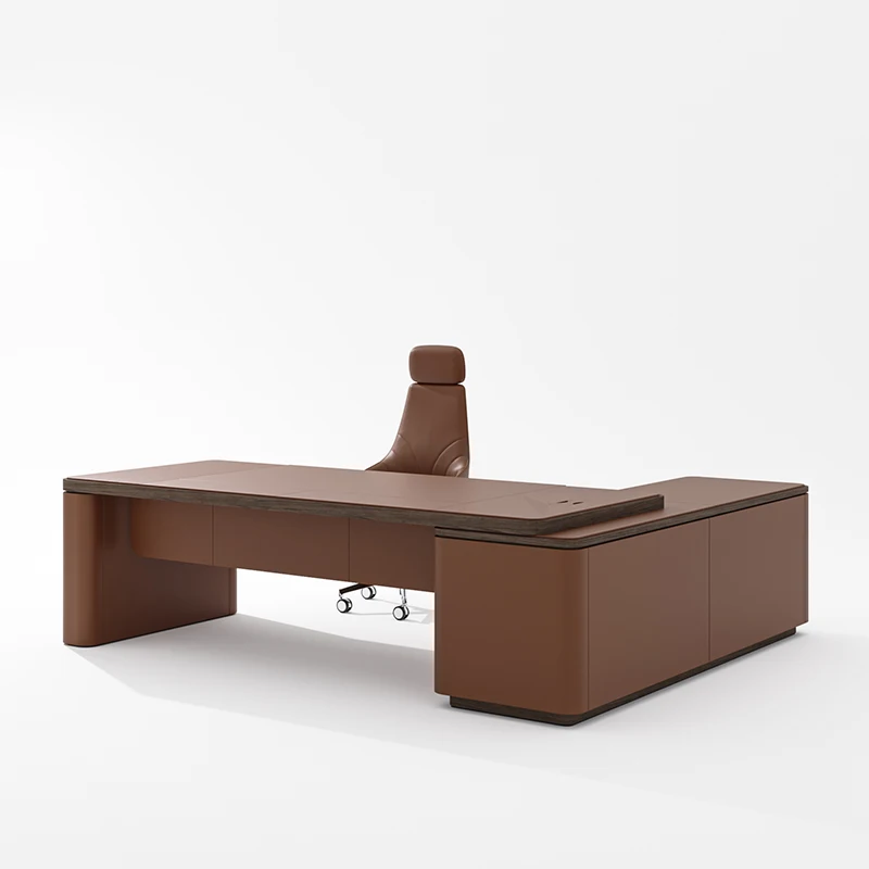 Luxury Solid Wood Executive L-shaped Desk with Premium Leather Covering