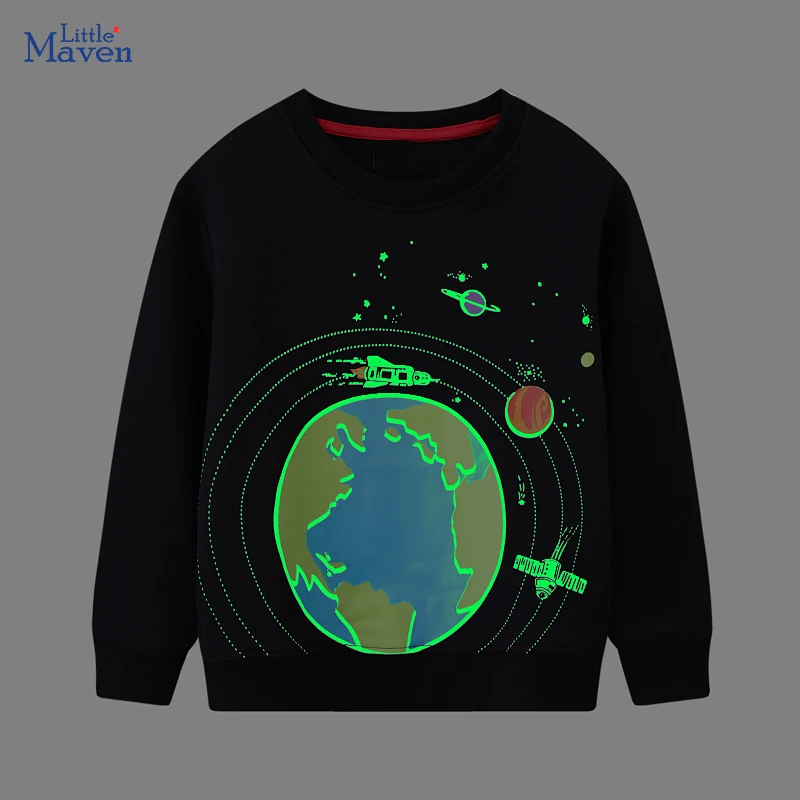 

Little maven, новинка 2024, осенне-весенняя детская одежда, детская одежда для маленьких мальчиков, светящиеся толстовки с героями мультфильмов «Земля, космос», топы