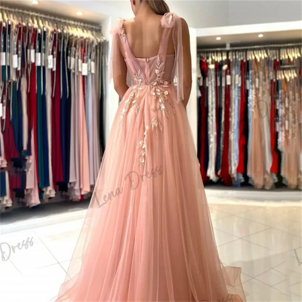 Lena - Fine Shoulder Strap Evening Dress Elegant Pink Ball Dress Sticker Lace Wedding Evening Dress High slit Evening Dress