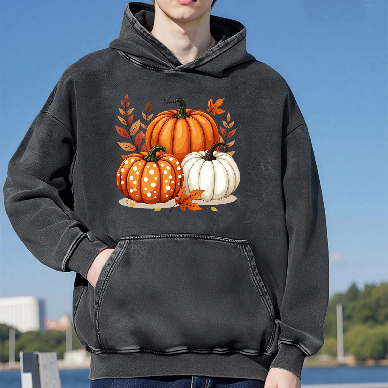 Pumpkin Pattern Print Retro Washed Hooded Sweatshirt For Men And Women Casual Sportswear Cotton Fashion Street Wear 400G