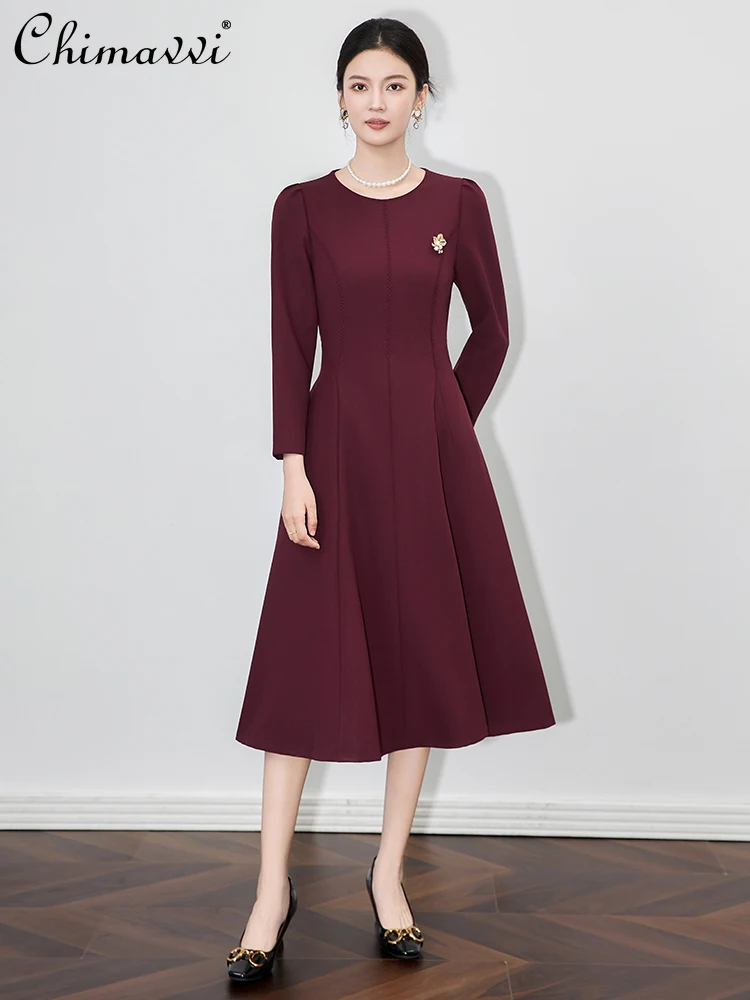

French Elegant Socialite Temperament Evening Dresses Round Neck Long Sleeve High Waist A-line Simple Long Dress for Women Autumn