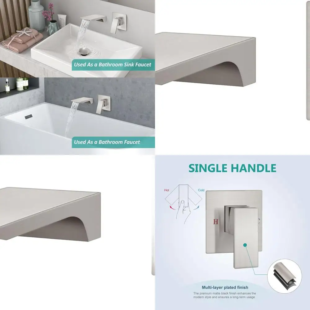 

Single Handle Brushed Nickel Wall-Mounted Sink Mixer with Waterfall Tub Filler