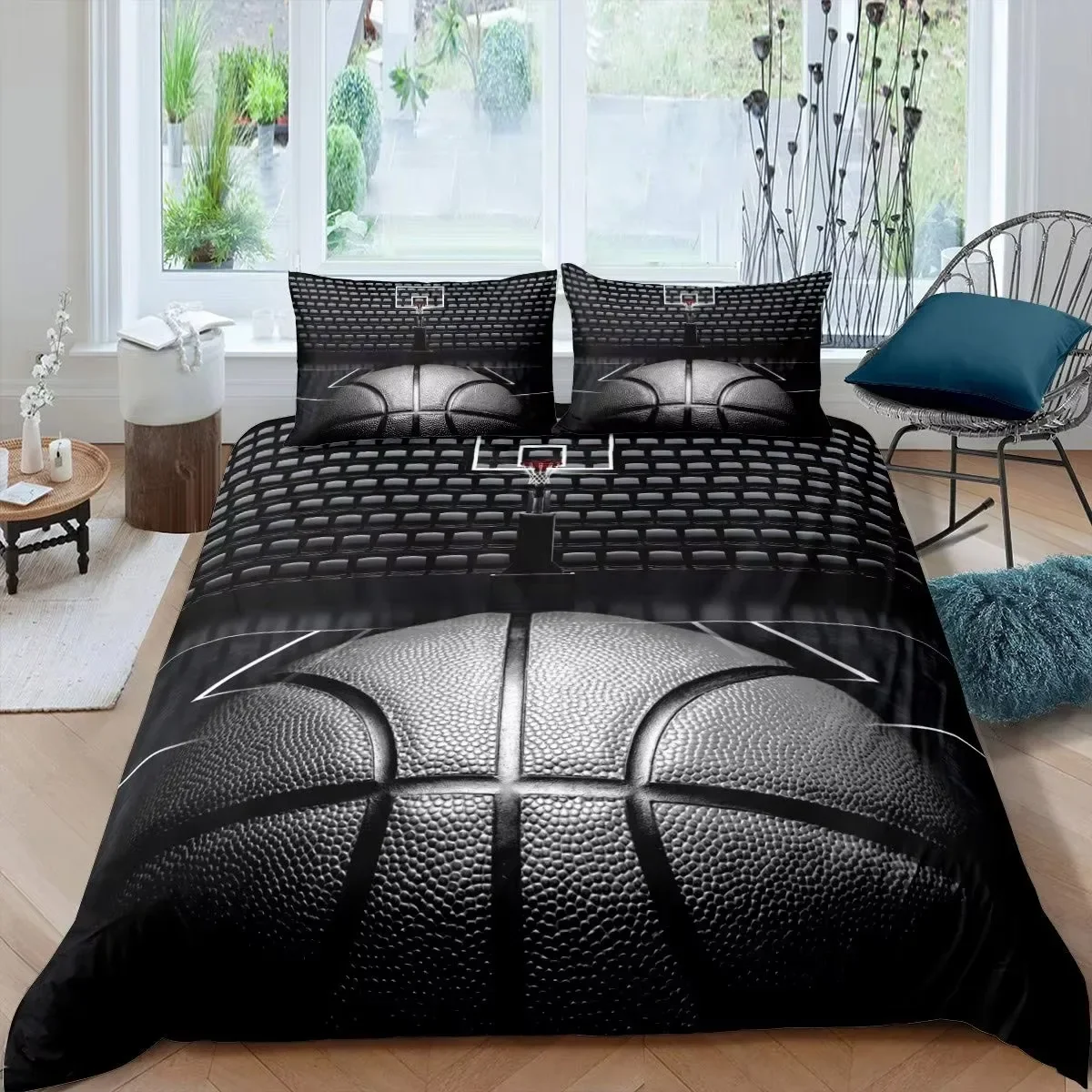 

Basketball Duvet Cover Set Black 3D Ball Sports Theme Bedding Set Basketball Court Competitive Games King Quilt Cover