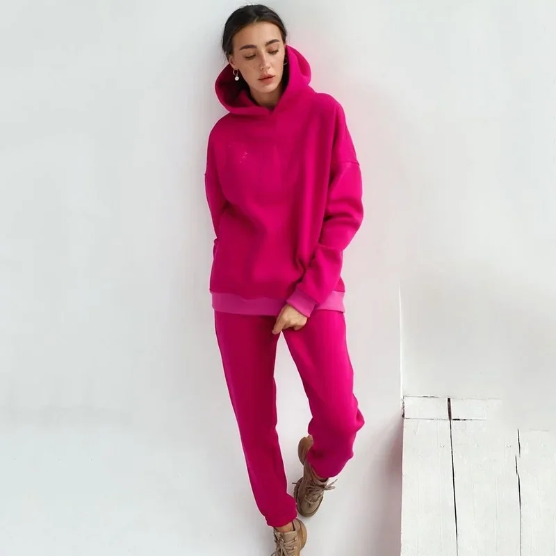 Long Sleeve Hooded Sweatshirt Outfit Women Spring Autumn Thick Fleece Warm Solid Tracksuits Suit 2 Pieces Sprot Sets 2023 Casual