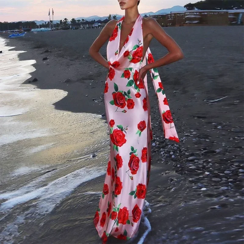 

Talenza Printed Halter Neck Backless Long Dress Women's Sexy Beach Vacation Dress Strapless Bandage High Waist Slim Long Dress